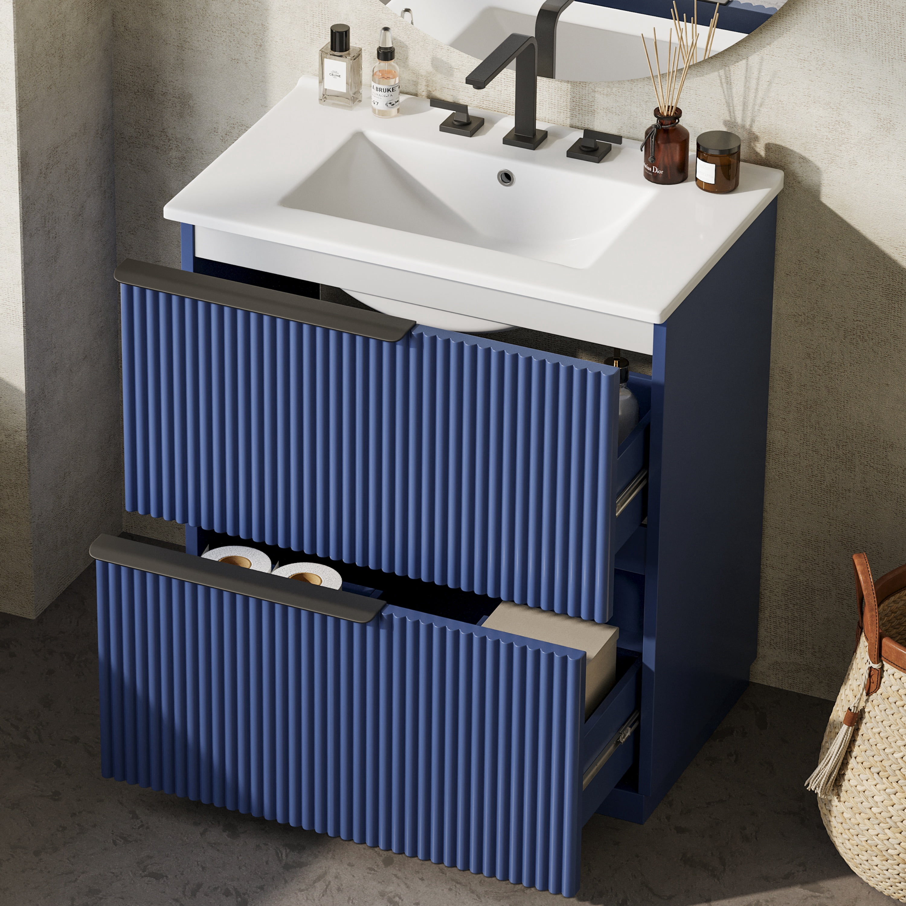 Euroco 30" Bathroom Vanity with Ceramic Sink and Full-Extension Drawers, Freestanding Bathroom Vanity with Soft Close Drawer Slides, Fluted Design, Blue