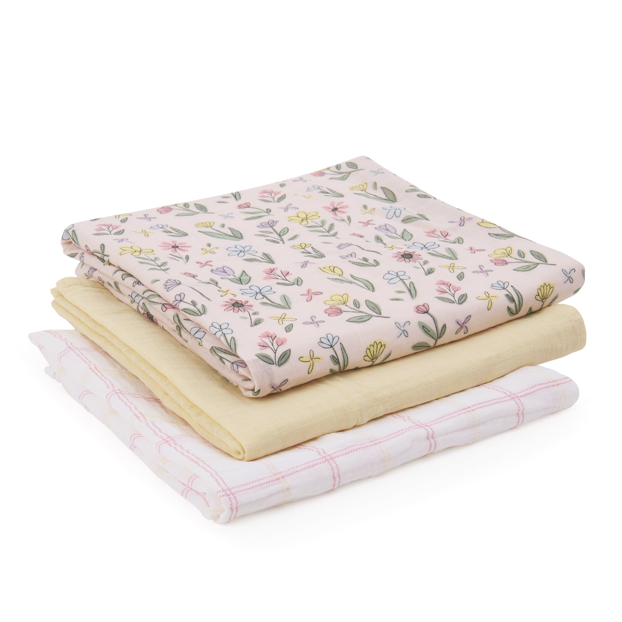 Parent's Choice Muslin Extra Large Swaddle Blankets, 3-Pack, Floral Pink and Yellow, Infant Girl, 100% Cotton