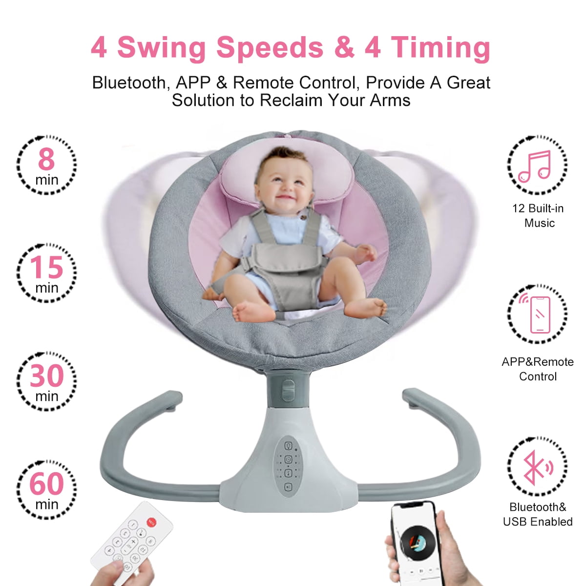 Jonster Baby Swing for Infants, Compact & Portable, 4 Speeds, 4 Timings, Remote & Bluetooth APP Control, Indoor/Outdoor, 5-20 lb, 0-9 Months, Pink