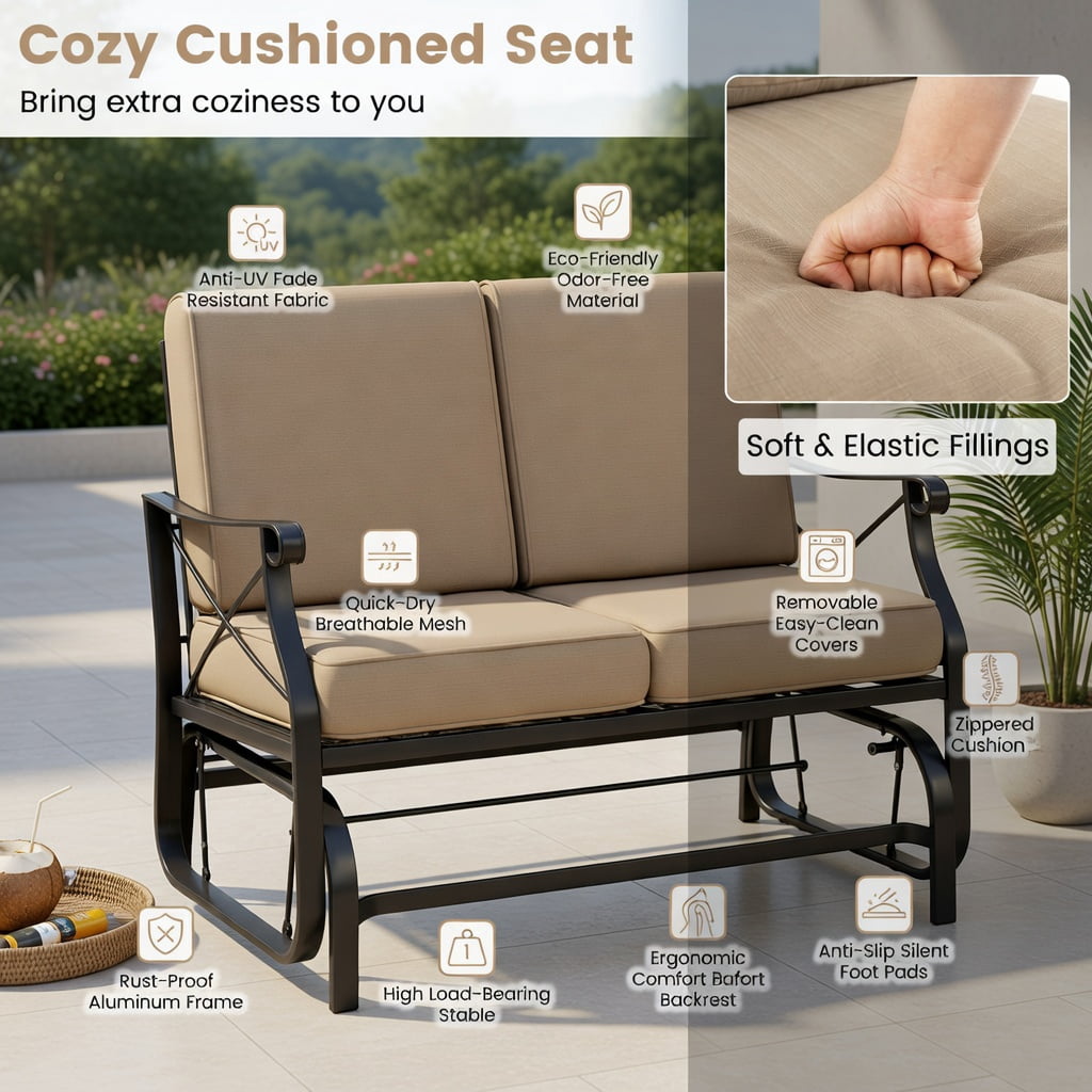 Hommoo 2-Person Outdoor Glider Rocking Loveseat with Thick 5.5" Cushions, Heavy-Duty Black Metal Frame, for Patio, Porch & Deck Seating, Gray