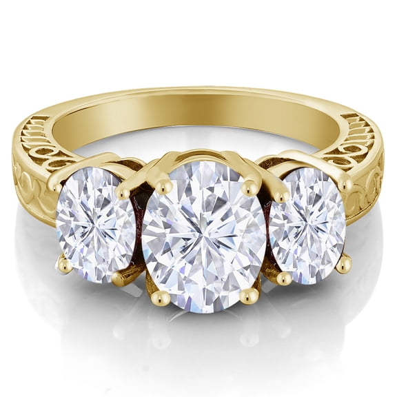 Gem Stone King 18K Yellow Gold Plated Silver White Moissanite 3-Stone Ring for Women (3.90 Cttw, Size 8)