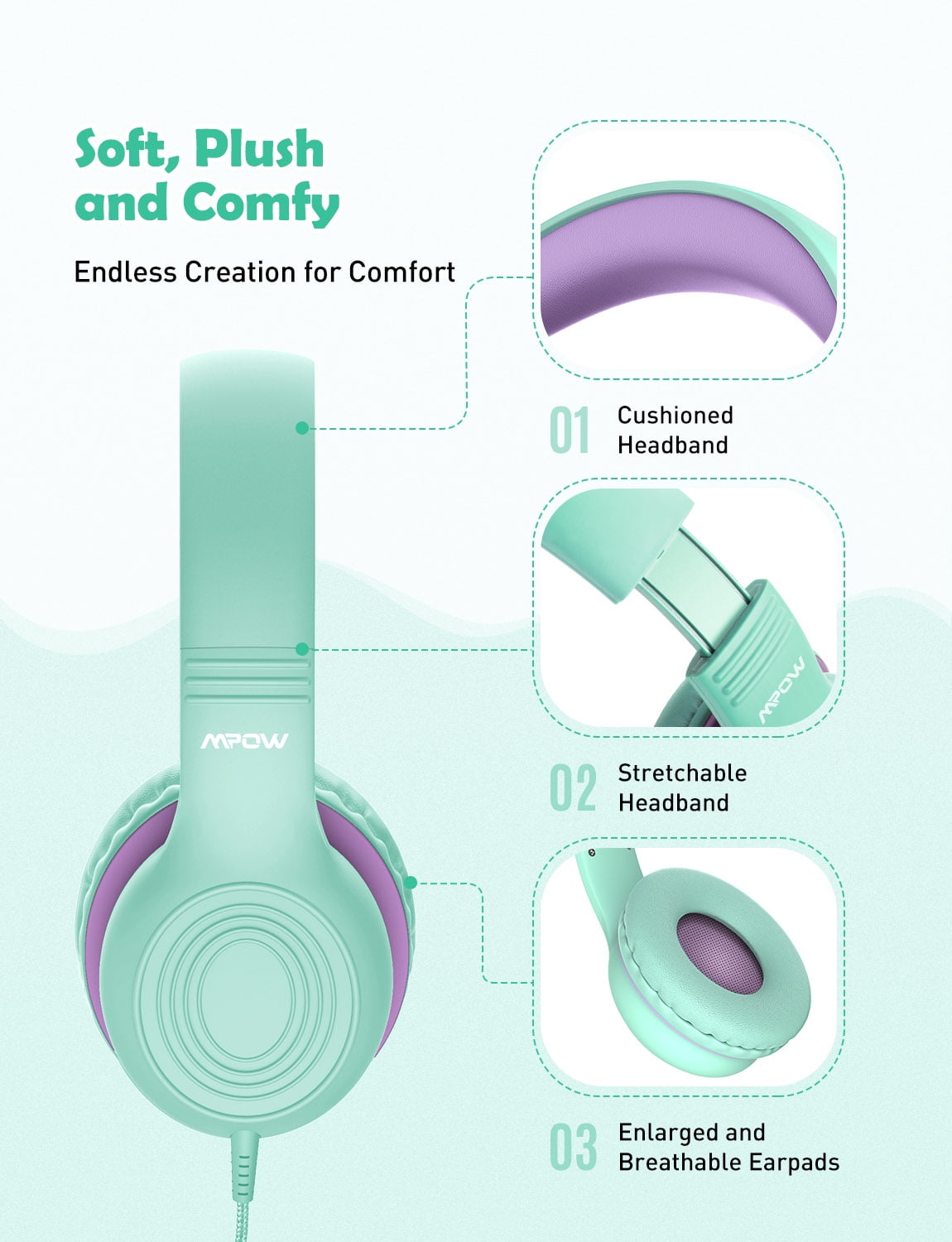 Mpow BH297B Kids Headphones with Microphone, 85/94dB Volume Limit, Green