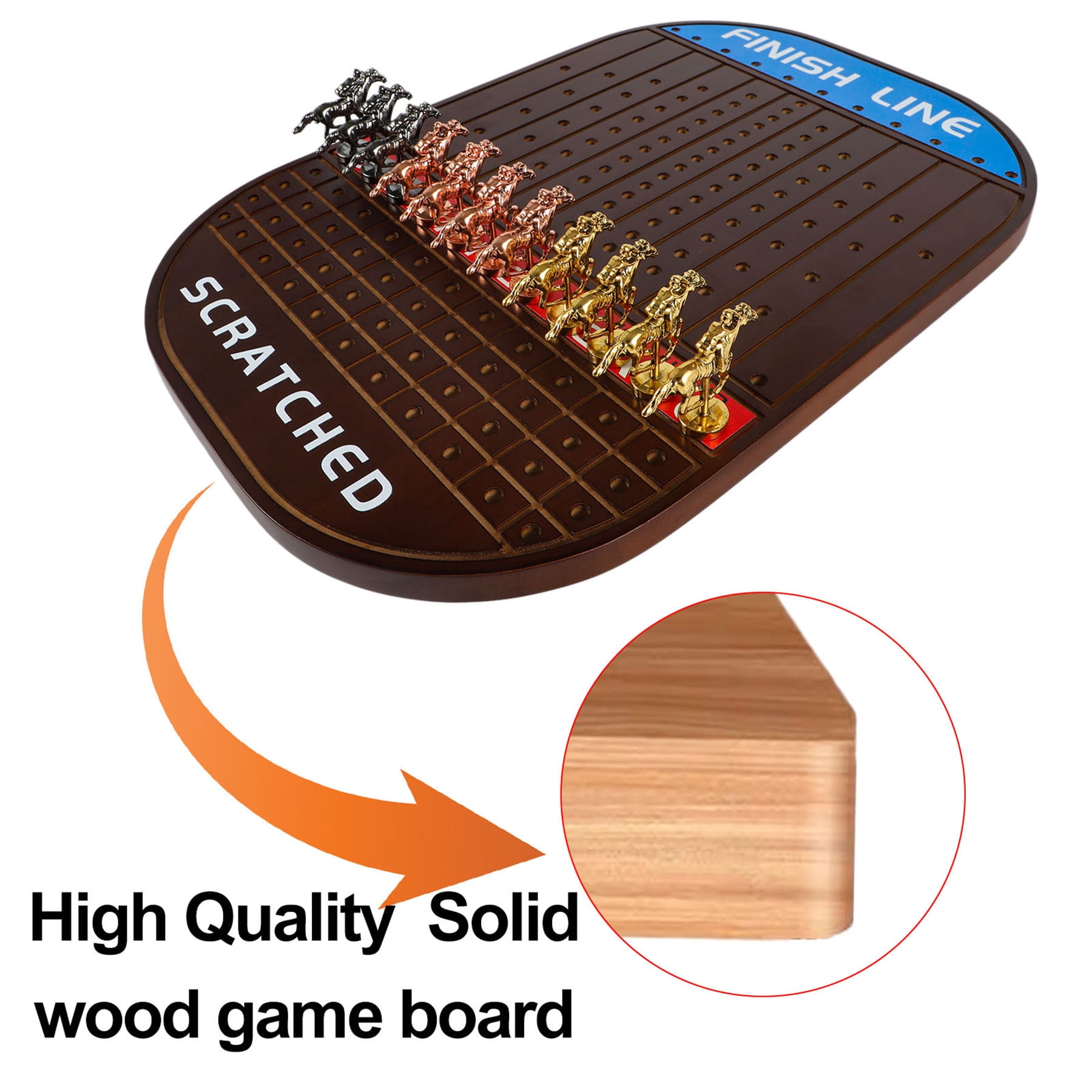 Grhonior Horse Race Board Game Racing Game Thickened Solid Wood with 11 Luxurious Durable Classic Metal Horses with 4 Dice and 2 Boxes of Cards Horse Racing Game (Walnut Color, Oval)