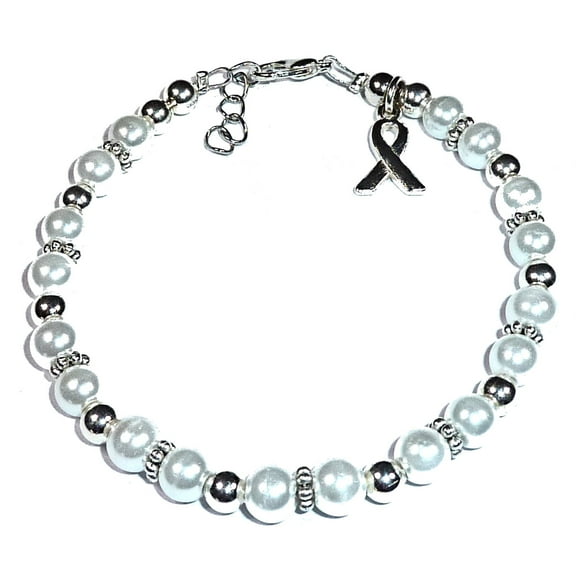 Lung Cancer Awareness Bracelet by Hidden Hollow Beads - 7 3/4 in. - Fits Most Adults - Lobster Clasp (White Pearl)