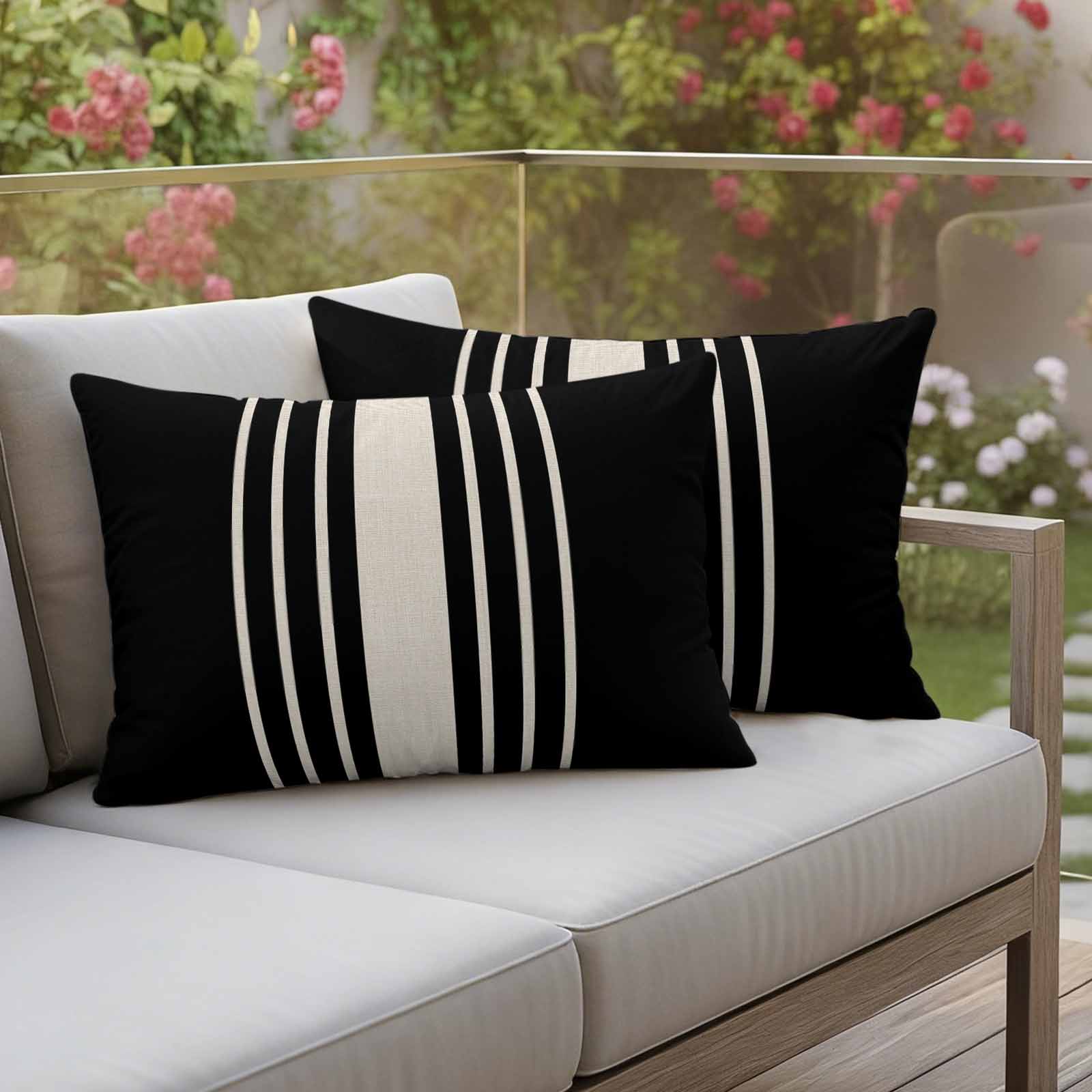 Black Beige Striped Outdoor Waterproof Pillow Covers, Modern Farmhouse Retro Lines Decorative Rectangle Throw Pillowcase Sofa Cushion Sham for Patio/Couch/Chair, 20"x12" 2 Pack