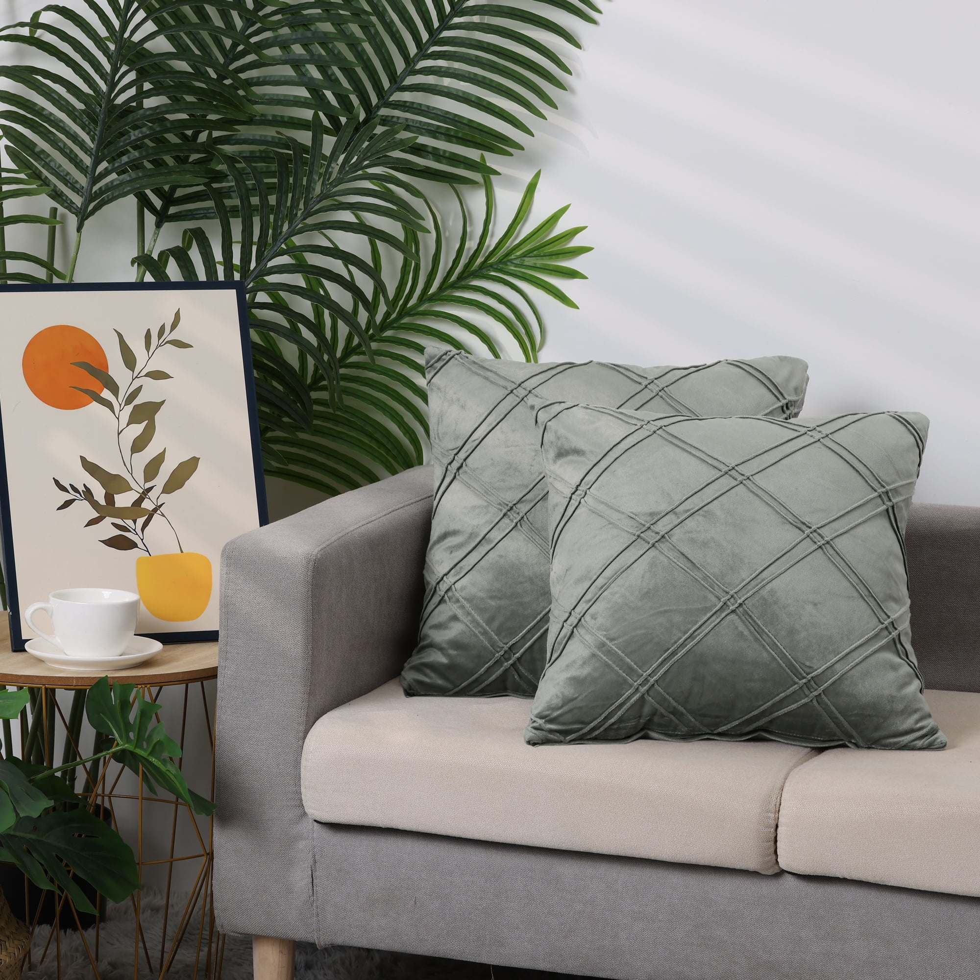 Unique Bargains 2 Diamond Pinch Pleated Solid Decorative Textured Throw Pillow Covers Grey 18" x 18"