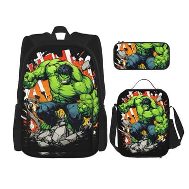 The Hulk Backpack Combination 3-piece Sports Backpack with Lunch Box, Pencil Case, Large Capacity 3 in 1 Set Suitable for Unisex