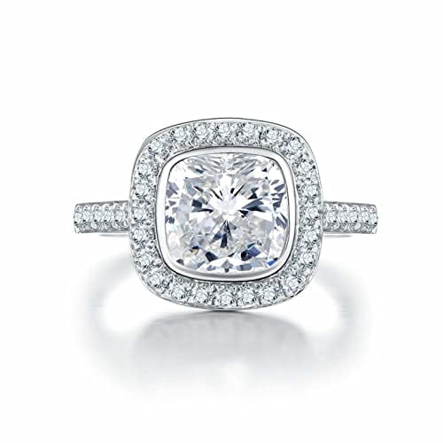 HeartsAndYou 2ct Cushion Cut Moissanite Halo Engagement Ring for Women 18k White Gold over Silver Round Accents