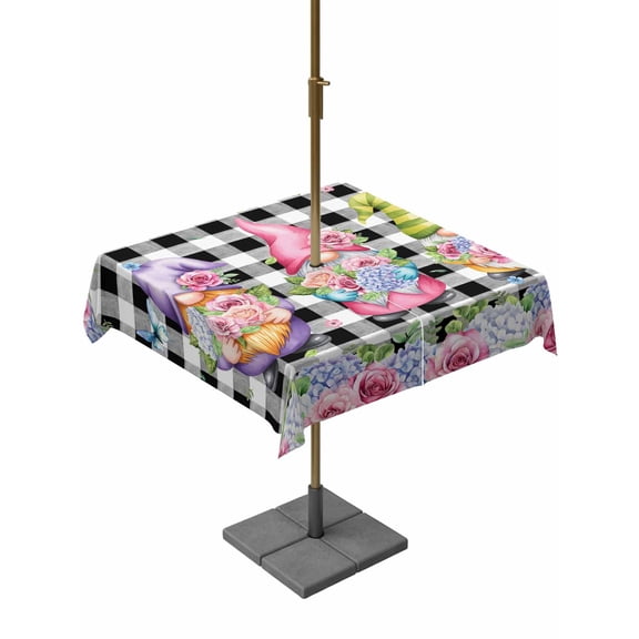 Outdoor Tablecloths with Umbrella Hole & Zipper, Spring Gnomes 54x54 Inch Square Tablecloths, Botanical Rose Leaves Black Buffalo Plaid Waterproof Table Cloth, Patio/Pool/Picnic Table Covers