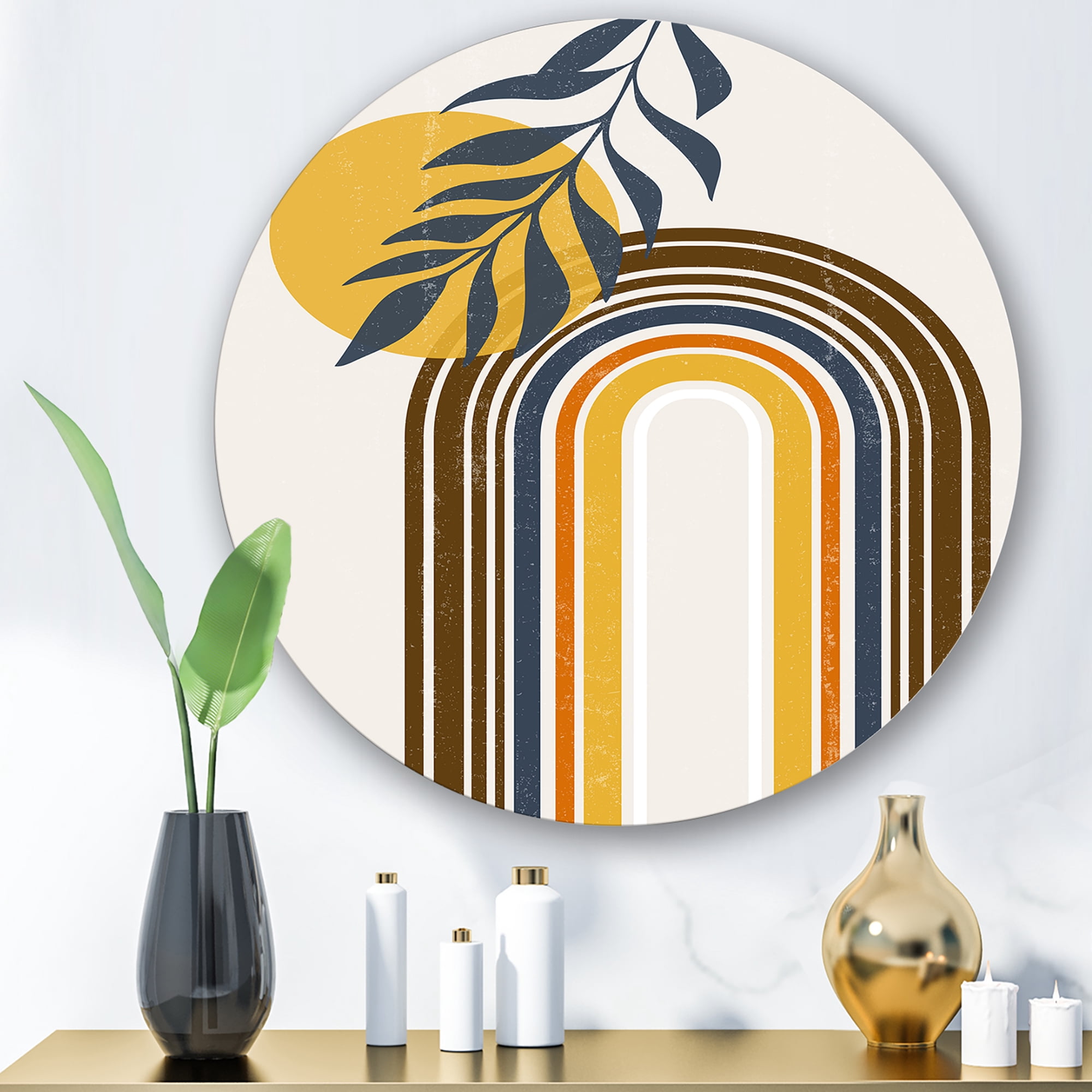 Designart 'Abstract Moon Sun Leaves II' Modern Circle Metal Wall Art 11x11 - Disc of 11