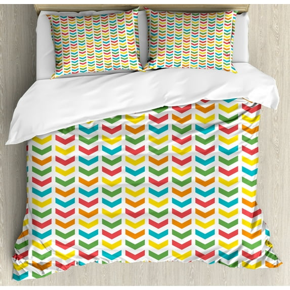 Arrow Duvet Cover Set King Size, Illustration of Colorful Repetitive Arrows Pointing Downwards on a Plain Background, Decorative 3 Piece Bedding Set with 2 Pillow Shams, Multicolor, by Ambesonne