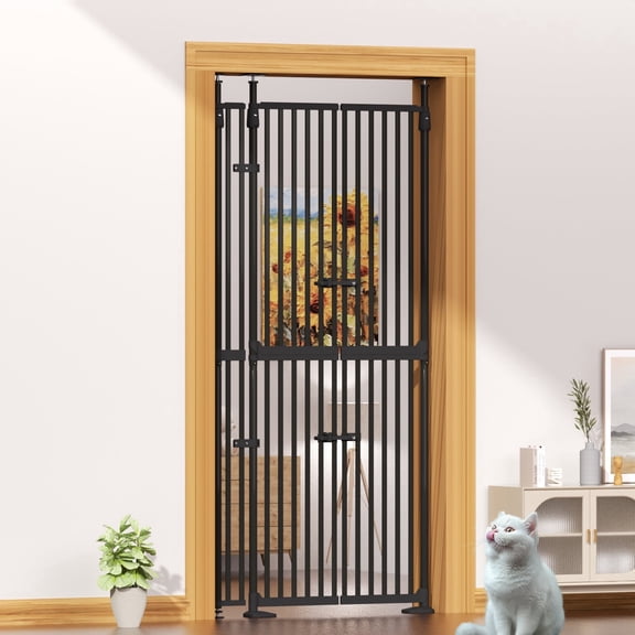 YUFU 74.8" Extra Tall Pet Gate for Cats, adjustable height adjustable width 30.3"-38.2" Pressure Mounted, No Drill, Walk-Through Door for Stairs/Doorways,(black)