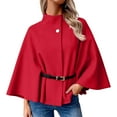 thumbnail image 4 of Women's Elegant Woolen Cape Coat - Solid Color Waist Tie Hooded Outerwear, Stylish Warm Winter Jacket, Red Size XXL, 4 of 6