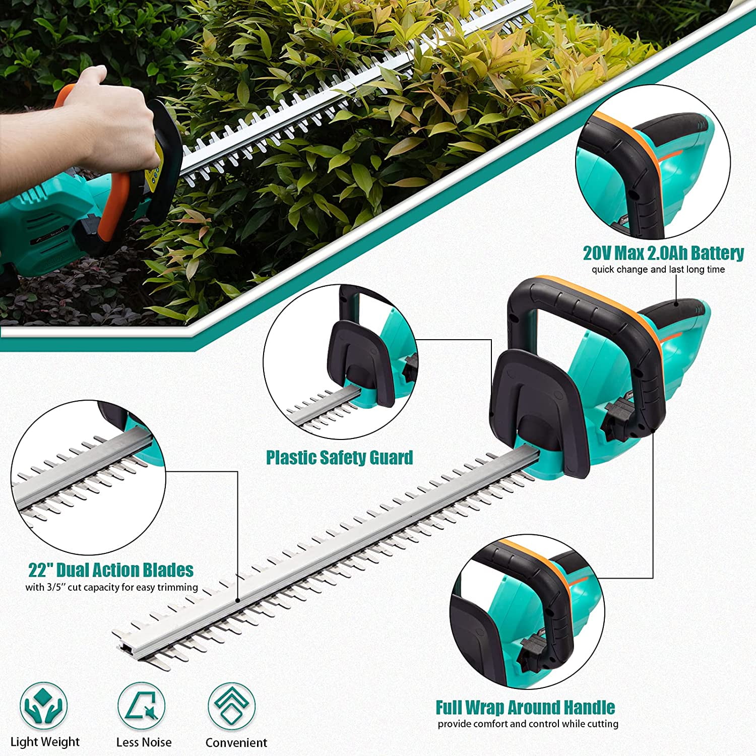 Lightweight Electric Hedge Trimmer kit with 22” Dual-Action Blade Cordless Hedge Trimmer Powerful Battery and Charger Included 20V Lithium-Ion Power Bush Hedge Trimmer for Yard & Garden Care 