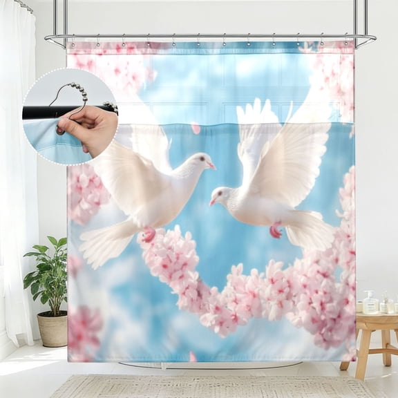 BZSMCE Doves in Blossom Pattern Bathroom Shower Curtain Set with Hooks Waterproof Double Layer Fabric 72×78 Inch