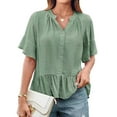 thumbnail image 2 of Homenesgenics Womens Tops Plus Size Women's V-Neck Ruffled Sleeve Button-Up Ruffled Hem Solid Color Loose Casual Top Short Sleeve V-Neck Top/Shirt Green L, 2 of 9