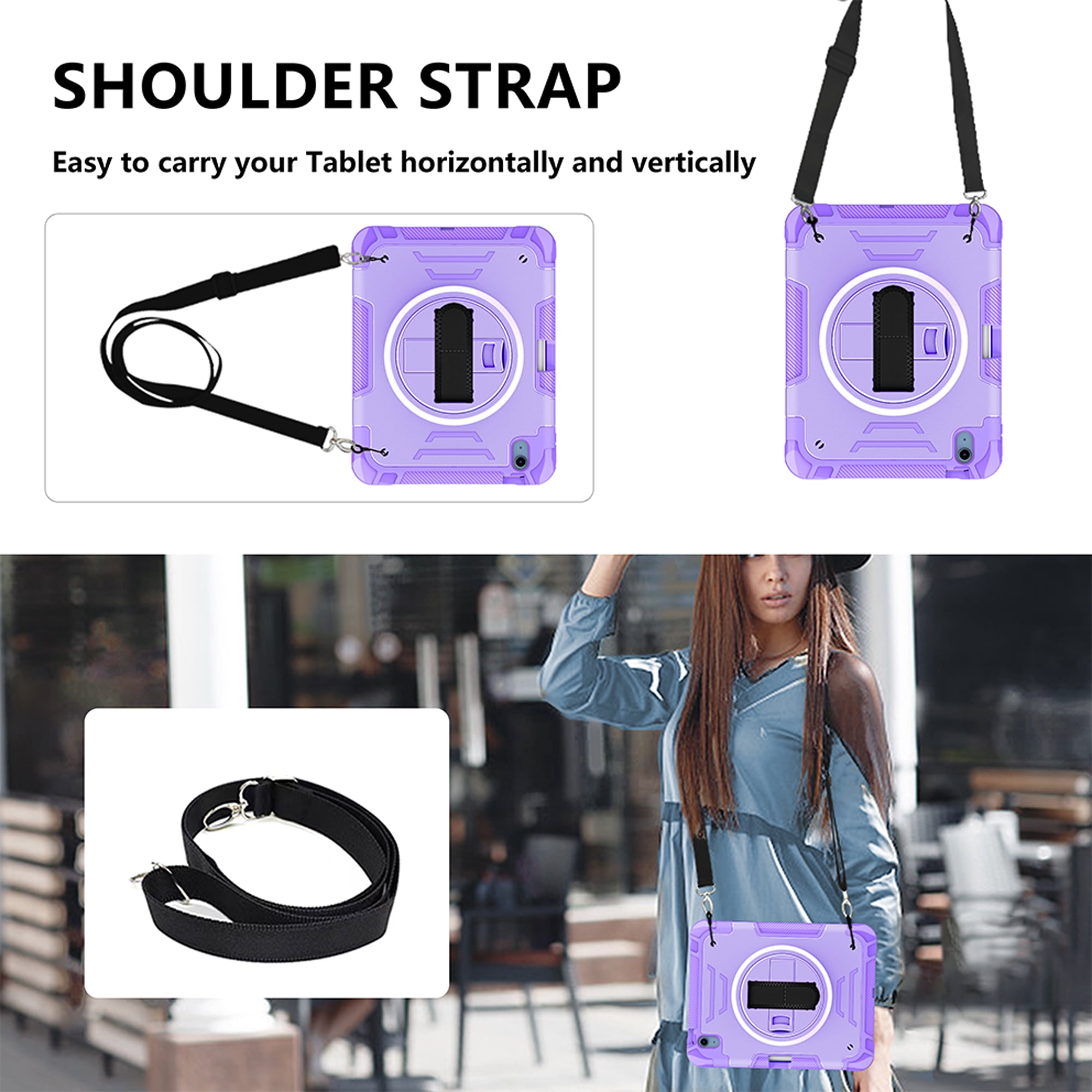 for iPad (A16) 11th Gen 2025, Rugged Shockproof Case for iPad 10th Gen 2022 with Pencil Holder, 360 Rotating Hand Strap & Stand, Shoulder Strap, TPU PC 3 Layers Multi-Functional Cover - Purple