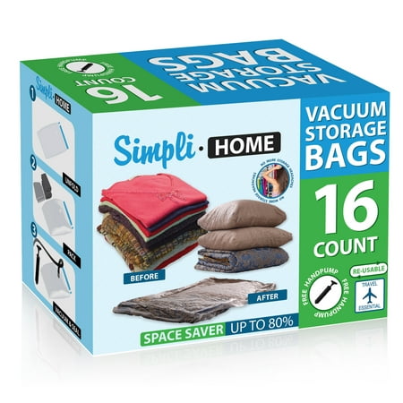 Simpli-Home Extra Jumbo Storage Travel Space Saver Bags, Work w/ Any Vacuum Cleaner, 16 Pack