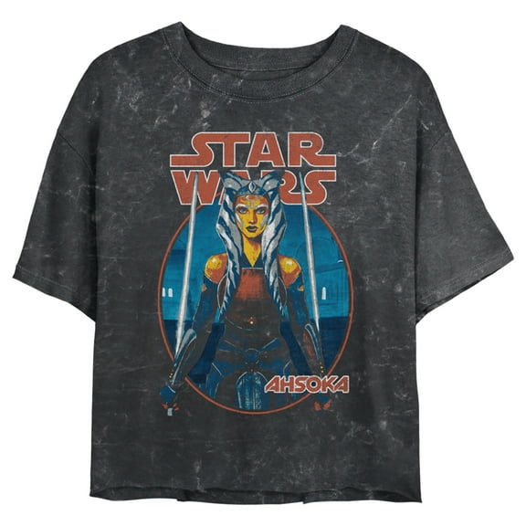 Junior's Star Wars Distressed Ahsoka Circle Frame Graphic Crop T-Shirt Black Medium