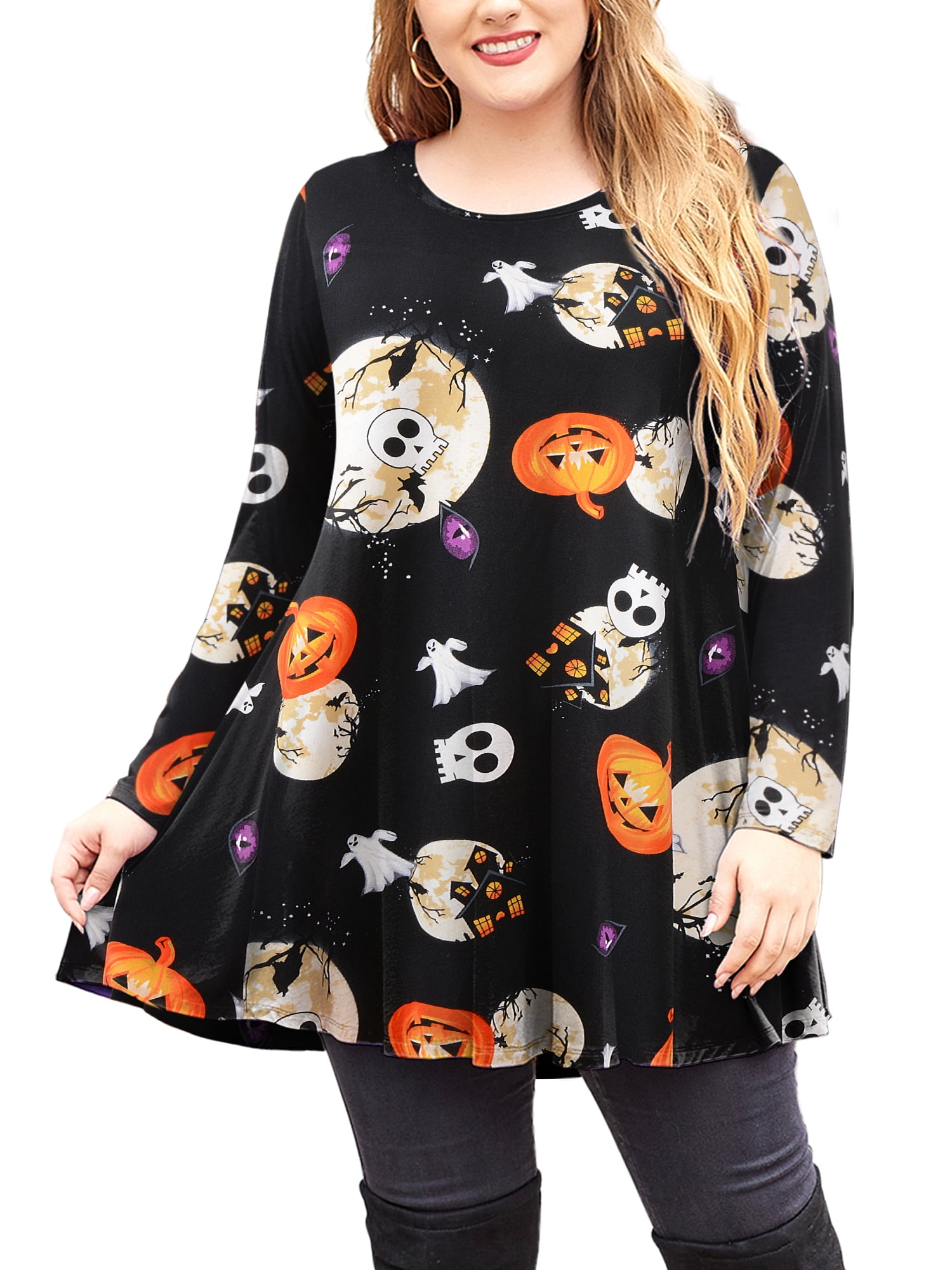 Larace Women’s Plus Size Top Halloween Shirts Pumpkin Long Sleeve Tunic Tops(4X,Flower42