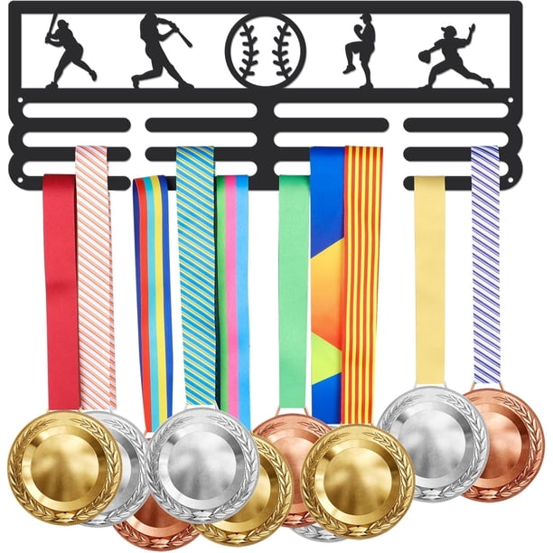 Soporte de pared para medallas de béisbol, colgador de metal resistente de acero negro. Ideal para exhibir medallas deportivas con cordón o cinta.