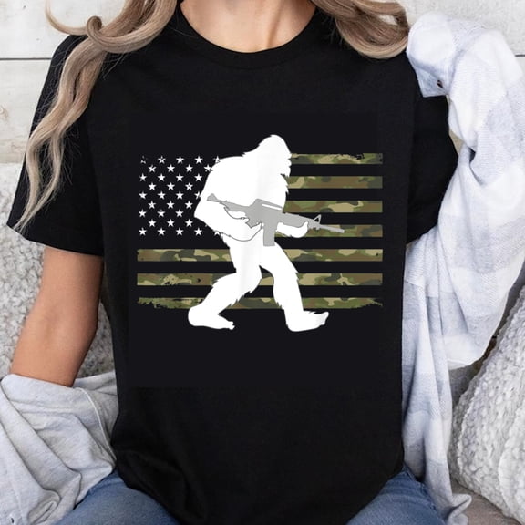 100% Cotton Bigfoot Soldier American Flag Camo Military Graphic T-Shirt Men Women Unisex Casual Top