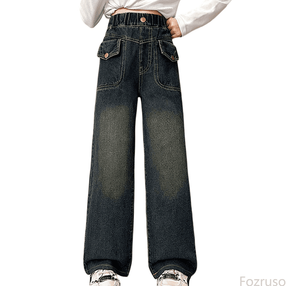 Fozruso School Uniform Pants for Girls Girls Fashion Cute Personality Pants Elastic Waist Wide Leg Jeans Casual Demin Pants With Pockets Sizes 5-6 Years