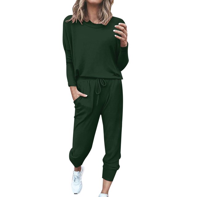 GZWYHT Sets for Women Long Sleeve Sets for Women Women Solid Color Long Sleeve Loose Long Pants 2 Set Lounge Sets for Women Track Suits for Women Set Green M