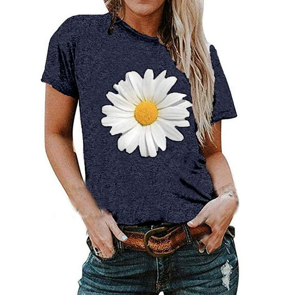 Babysbule Fashion Womens Tops Plus Size Women Casual Short Sleeve Floral Printed Sunflower Cotton O-Neck Tops Dresses T-Shirt Blouse