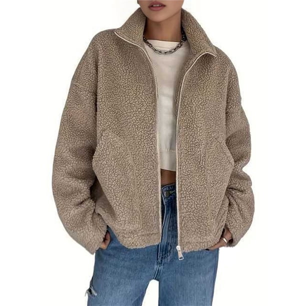 Chaqueta de Invierno para Mujer, , de Larga, con Cremallera, Corta, Cálida, para Otoño, para Hacer Ejercicio Caqui XXL