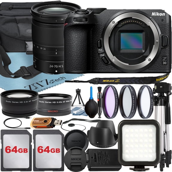 Nikon Z30 Mirrorless Camera with NIKKOR Z 24-70mm f/4 S Lens   64GB Card   Case   Wideangle   Tripod   ZeeTech Accessory Bundle (International Version)