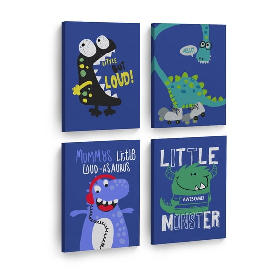 Smile Art Design Cute Little Monster Wall Decor 4 Piece Set Canvas Wall Art Print Kids Room Decor Baby Room Decor Nursery Decor Ready to Hang Made in the USA-(22x15)x4