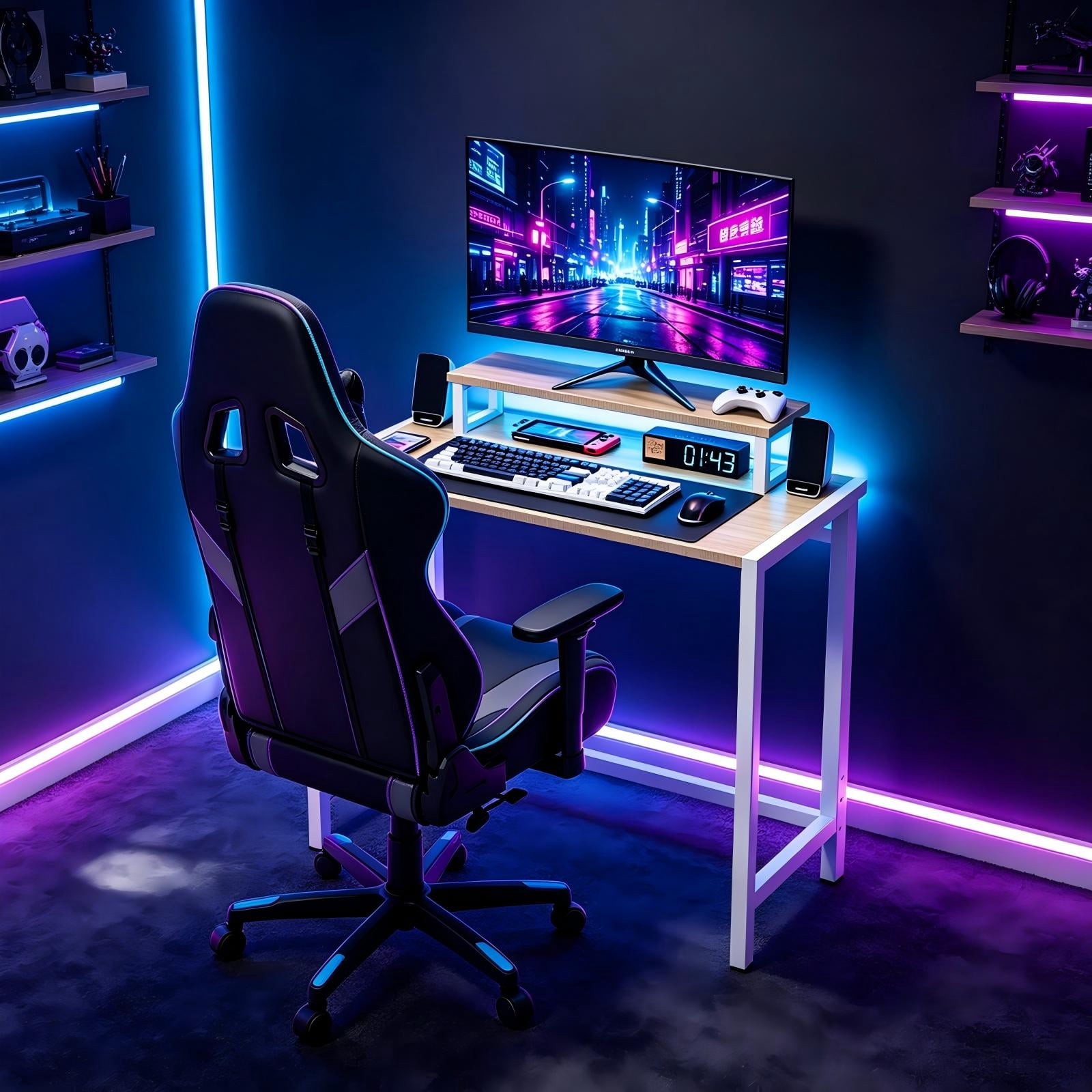 31.5" Computer Desk with Desktop Shelf and RGB Lighting, Foldable, Teak & White