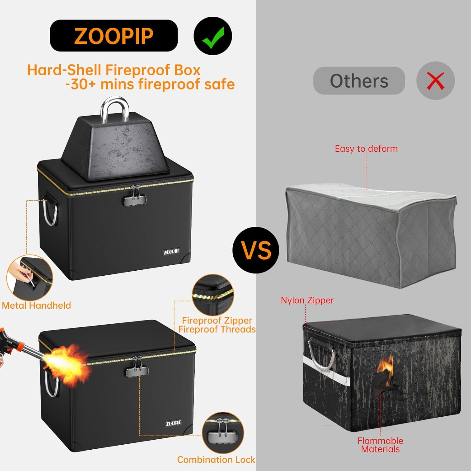 Fireproof Document Box Hard  File Organizer with Lock Portable Office Safe Storage for Valuables Black