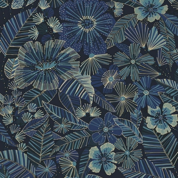 Tempaper Metallic Bloom Blue Peel and Stick Wallpaper, 20.5" x 16.5'