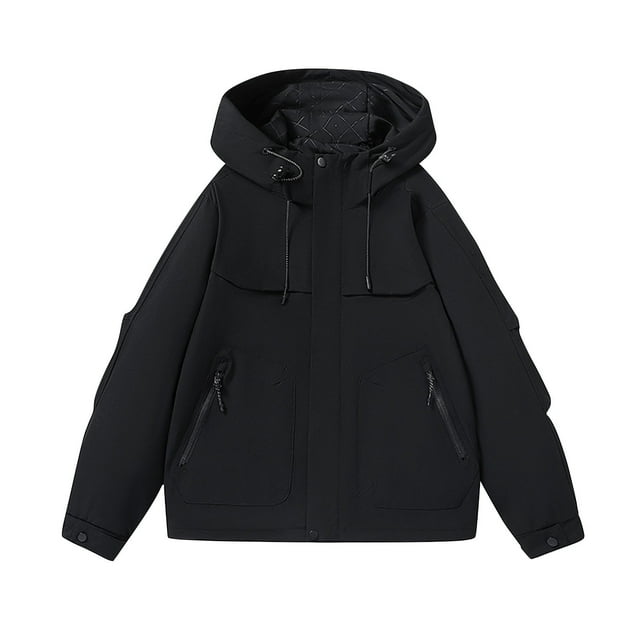 WRKEKC Men's Heavy-Duty Waterproof Workwear Raincoat Hooded Jacket with Multiple Utility Pockets for All-Weather Outdoor Construction and High-Visibility Work Commute Black XXL