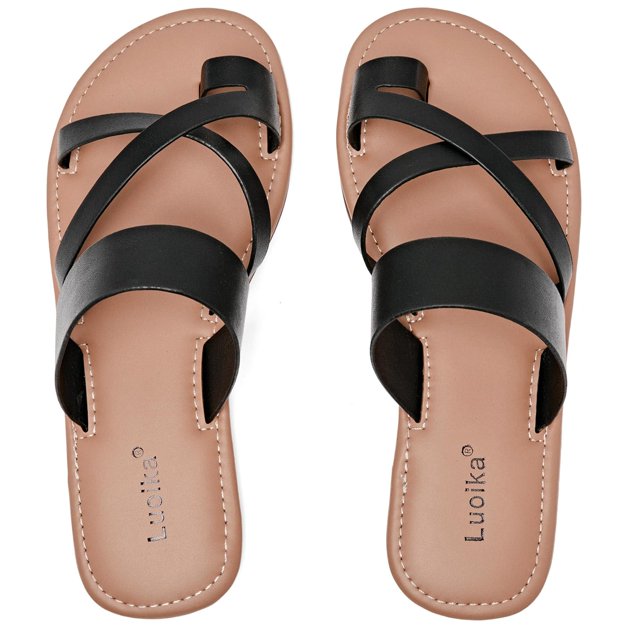 Sandalias planas Luoika para mujer, anchas, color negro