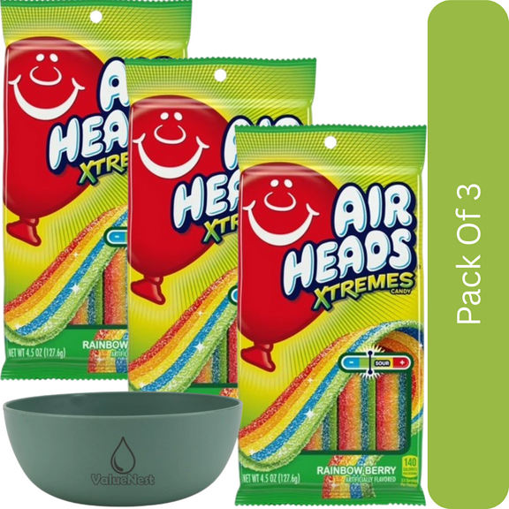 Airheads Xtremes Belts Candy, Rainbow Berry, 4.5 oz Bag-3pk, With Olive Green Bowl By ValueNest