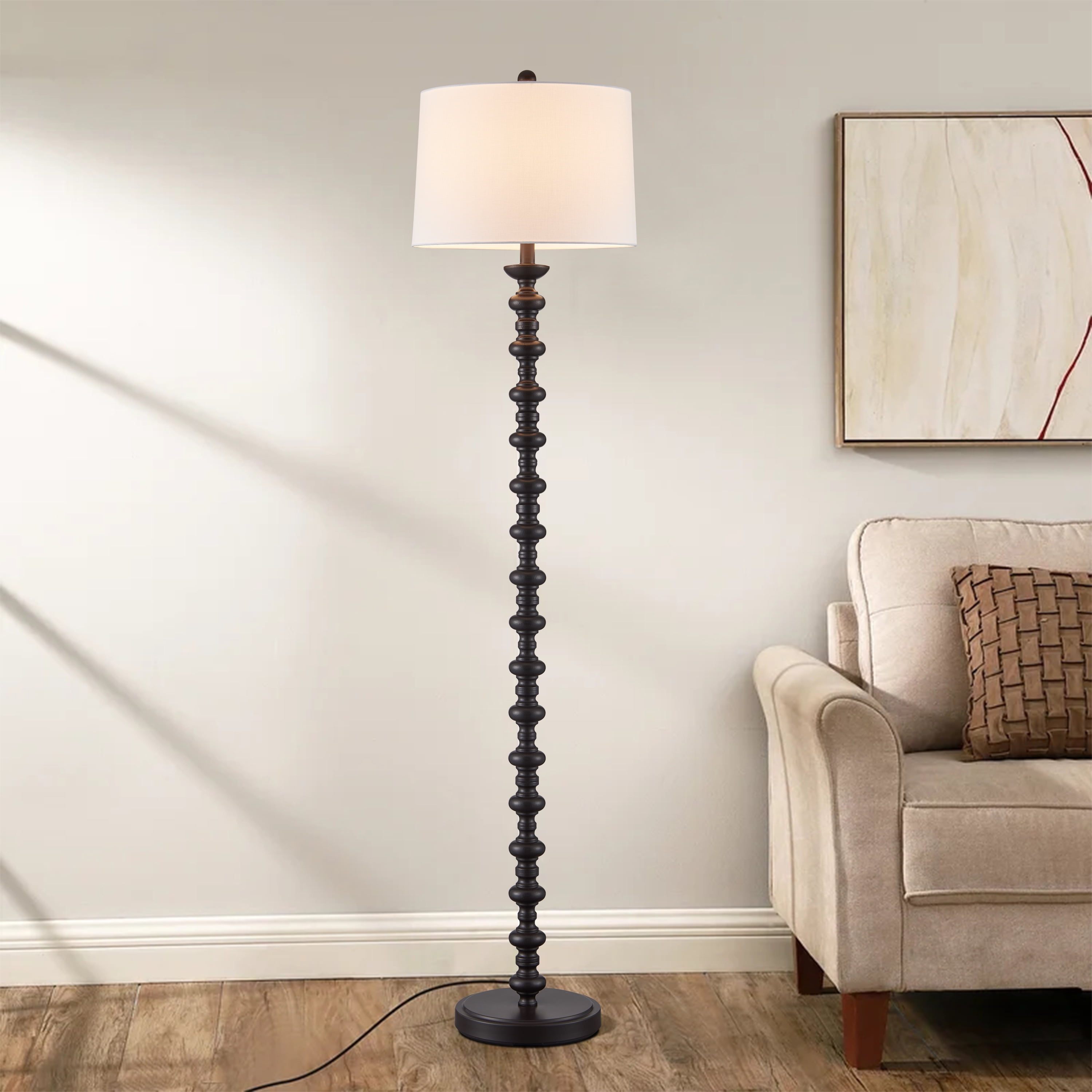 KAWOTI Classic Bronze Floor Lamp Resin Standing Lamp with White Linen Drum Shade