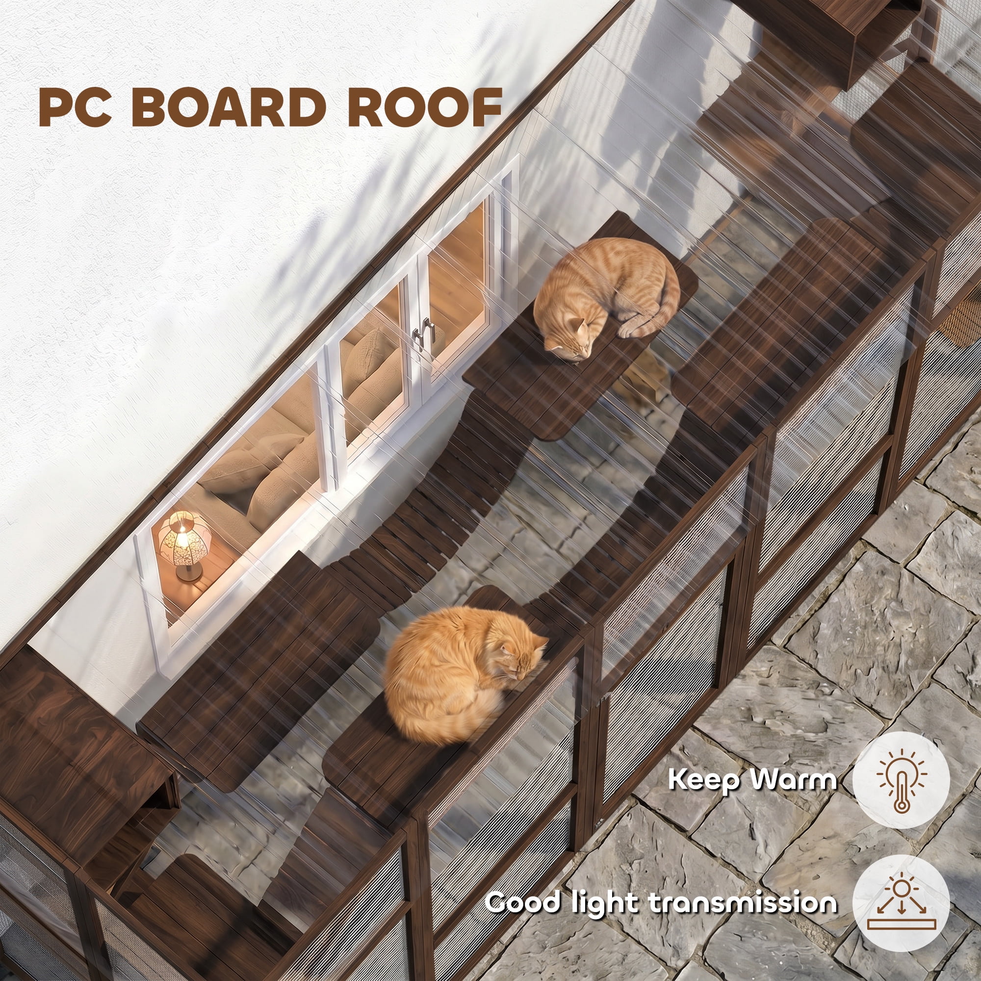PawHut Catio Playground Outdoor Cat Enclosure, Wooden Outdoor Cat House Weatherproof for Multiple Cats, Shelves & Bridges, Coffee Brown