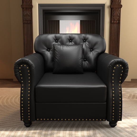 CQSXDA 1 Seat Mid-Century Modern Chesterfield Sofa Faux Leather with Nailhead Trim and Pillow Included, with Rolled Armrests and Button Tufted Design for Any Space, Black