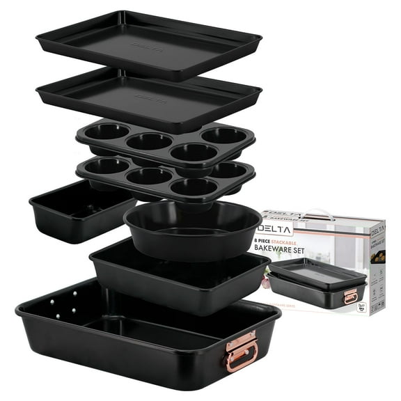 Prime Cuisine Nonstick Ceramic Bakeware Set – 8 Piece Baking Pans Set, Oven Safe to 450°F, Includes Muffin Pans, Cookie Sheets, Loaf, Roaster, Round & Square Pans, BPA-Free