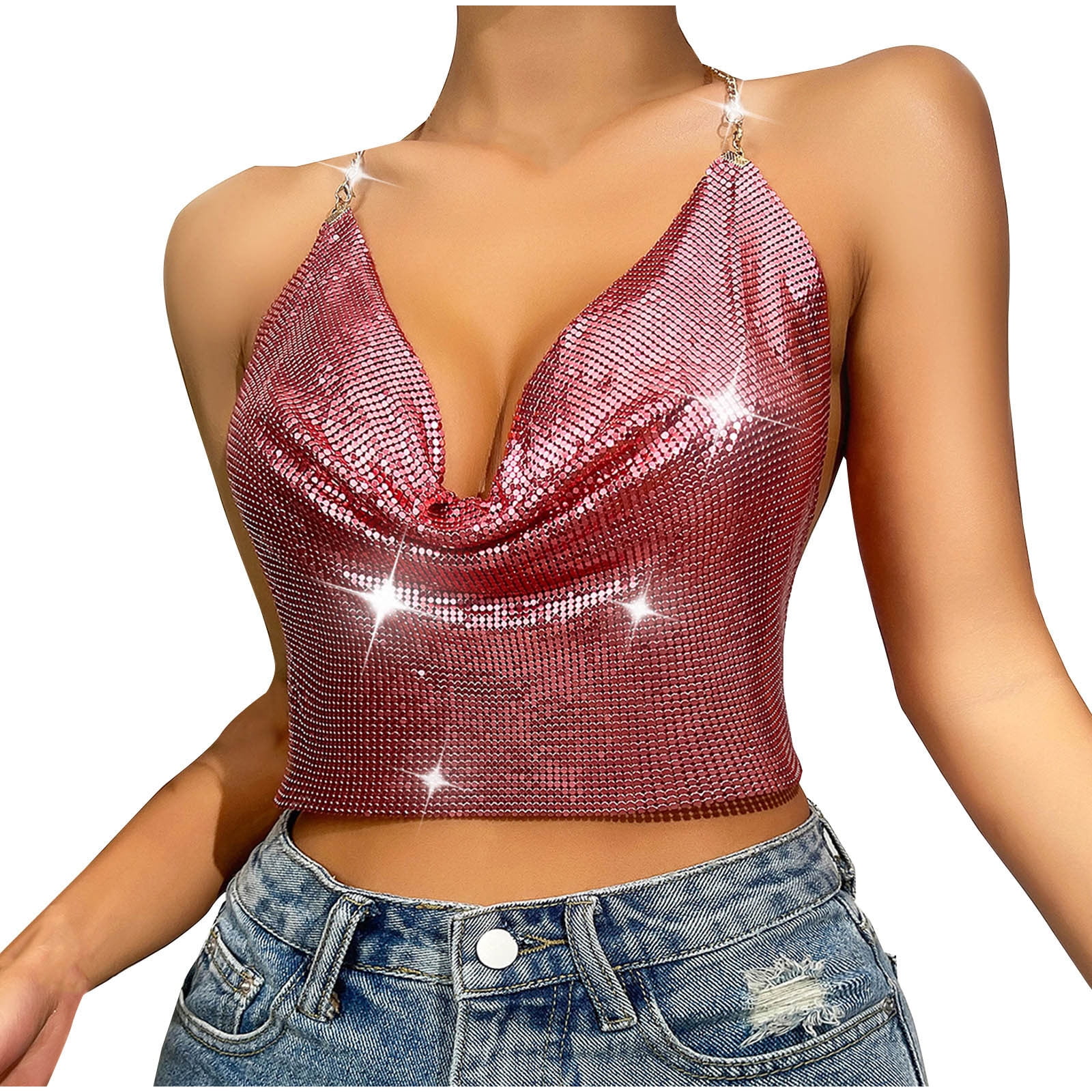 Mittory Sequin Crop Tank Tops Womens Sexy Deep V Backless