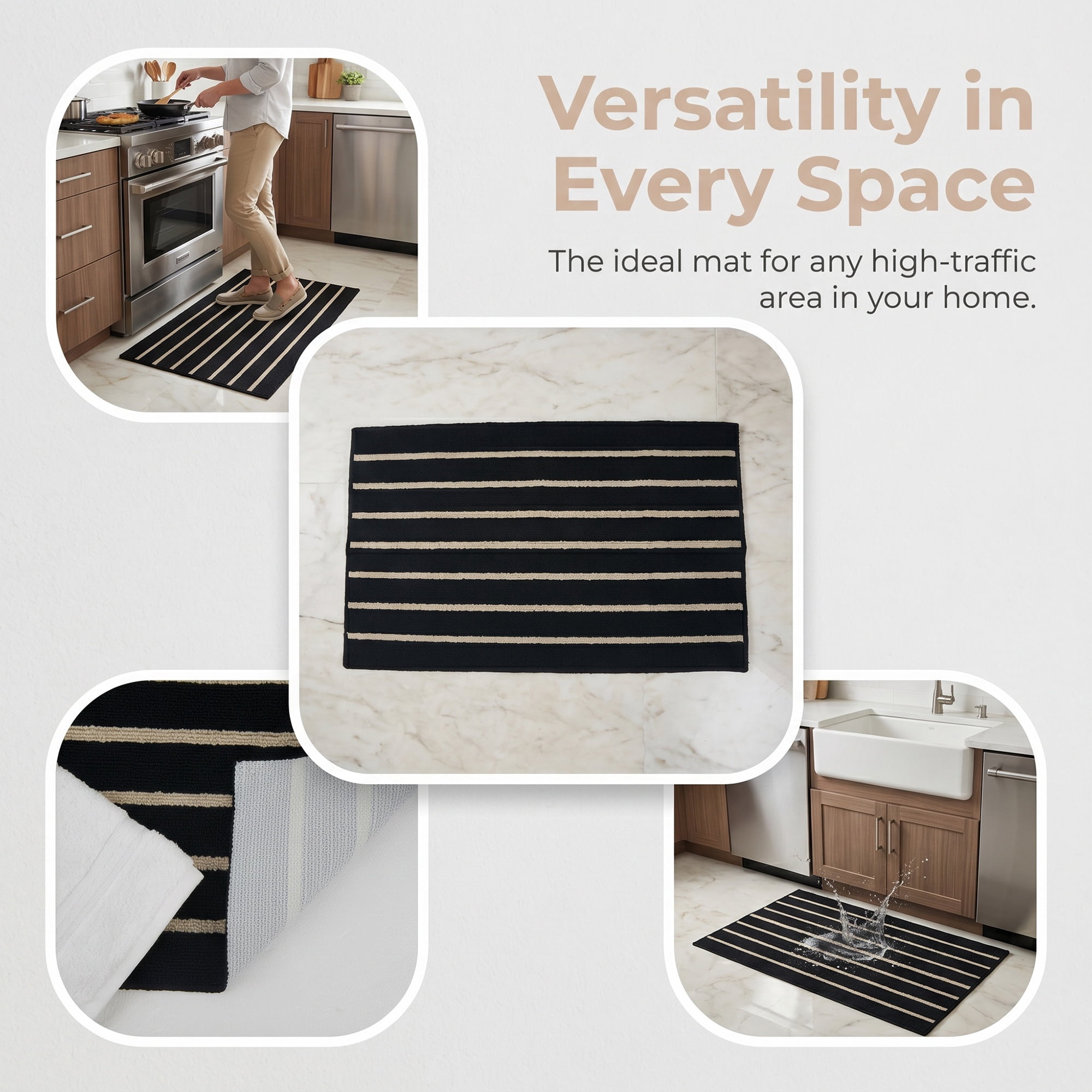 Unique Bargains Polypropylene Striped Non Slip Kitchen Runner Rug Black 32" x 20"