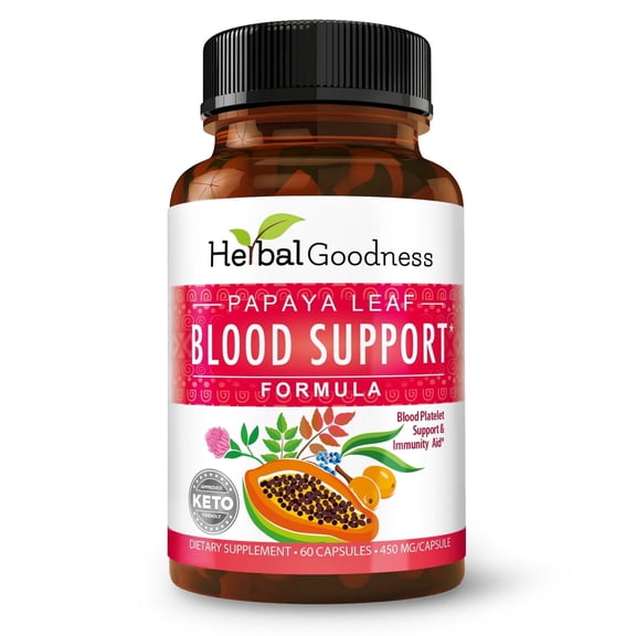 Papaya Leaf Blood Support Formula, Blood Platelet Cleanse and Detox, Digestive Enzymes, Bone Marrow Support, 60/450mg Capsules, Herbal Goodness