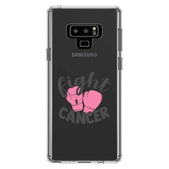 DistinctInk Clear Shockproof Hybrid Case for Samsung Galaxy Note 9 - TPU Bumper Acrylic Back Tempered Glass Screen Protector - Pink Ribbon Cancer - Fight Boxing Gloves