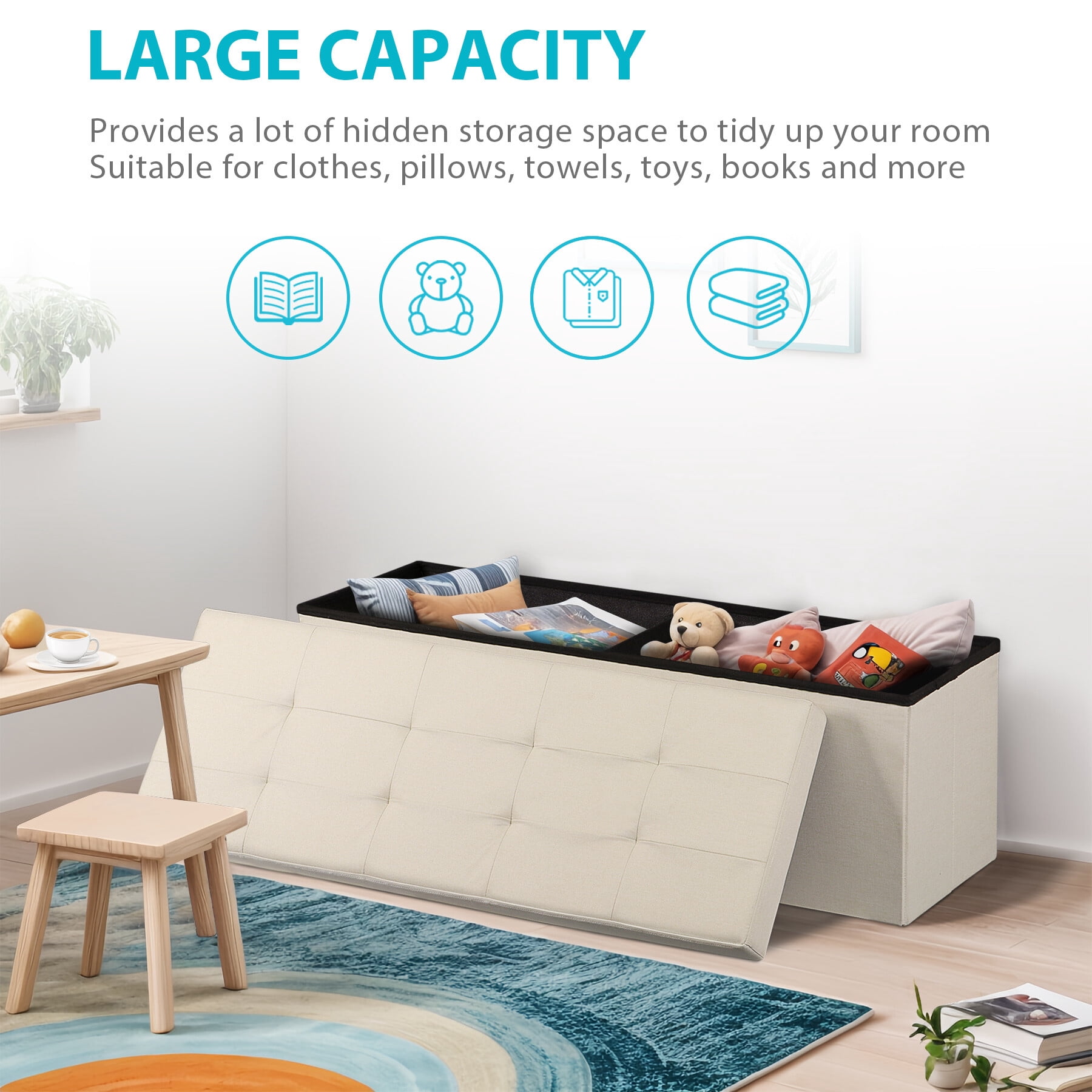 HomGarden 43'' Linen Storage Ottoman Bench, Foldable Footrest Stool W/ Divider, Cream