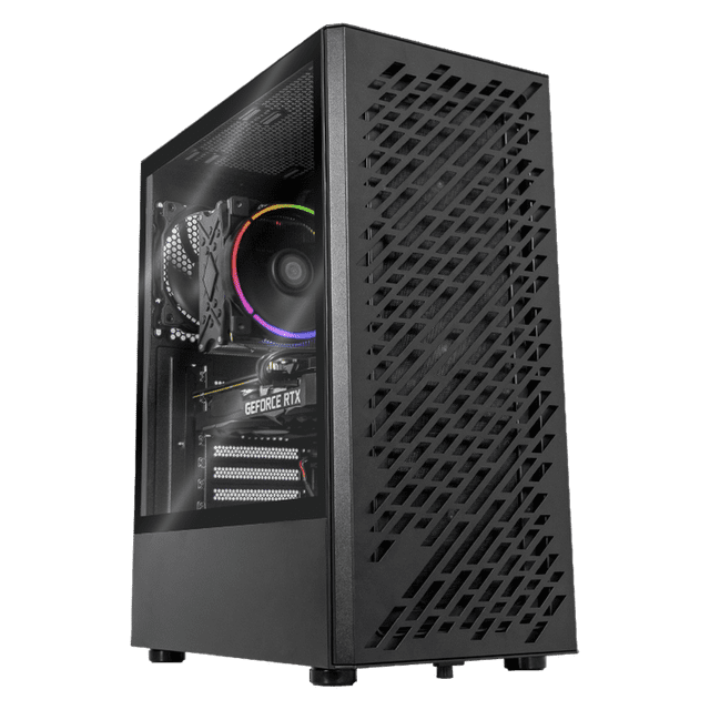 xtreme pc gaming xpg geforce rtx 3050 amd ryzen 7 5700x 16gb ssd 500gb 2tb wifi black — Torre de escritorio negra en vista 3/4 con panel lateral de vidrio templado y frente perforado; interior visible con ventilador trasero y enfriador RGB, tarjeta GeForce RTX 3050 instalada, SSD 500GB y 16GB RAM; ideal para juego y edición doméstica por su configuración de almacenamiento y memoria.