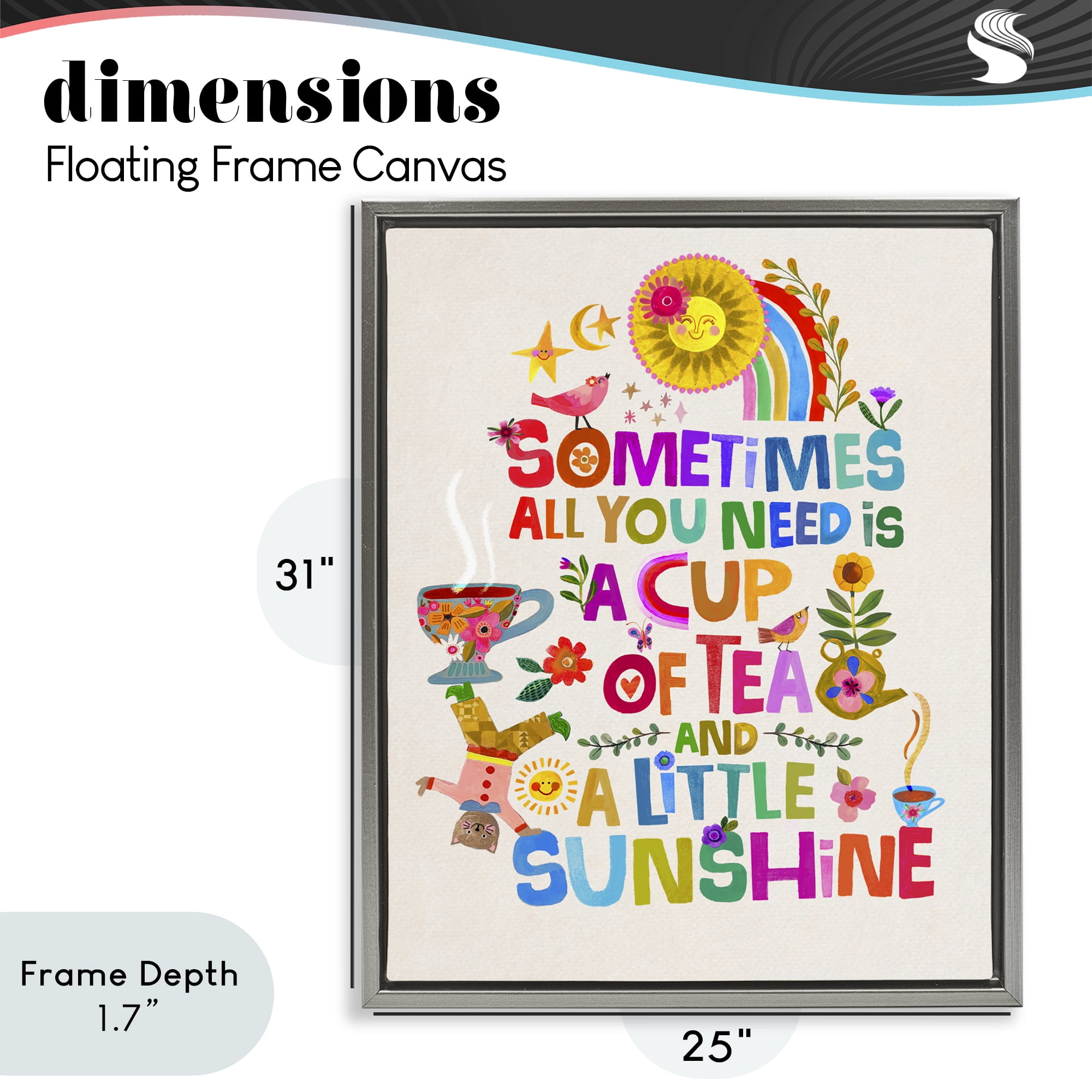 Stupell Industries Cup Of Tea & Sunshine Gray Framed Floater Canvas Wall Art, design by Katherine Herrell Studio