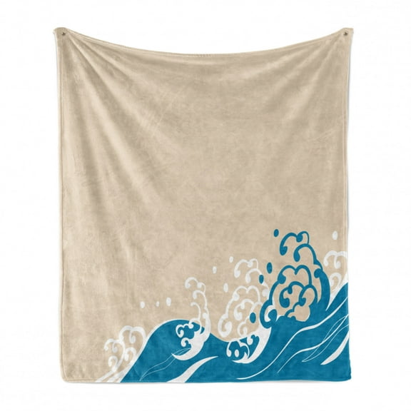 Tsunami Soft Flannel Fleece Blanket, Pastel Ocean Tidal Waves Watersport Exotic Surfing Japanese Summer Beach, Cozy Plush for Indoor and Outdoor Use, 50" x 60", Beige and Violet Blue, by Ambesonne